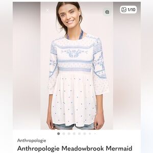 Anthropologie White Tunic with Blue Embroidered Detail